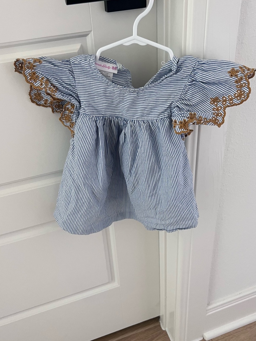 Bonnie Baby Blue and White Striped Flutter Sleeve Top with Gold Scallop Trim